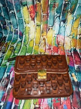 Y&S Handbags Brown Woven Leather Clutch with Gold-Tone Lock